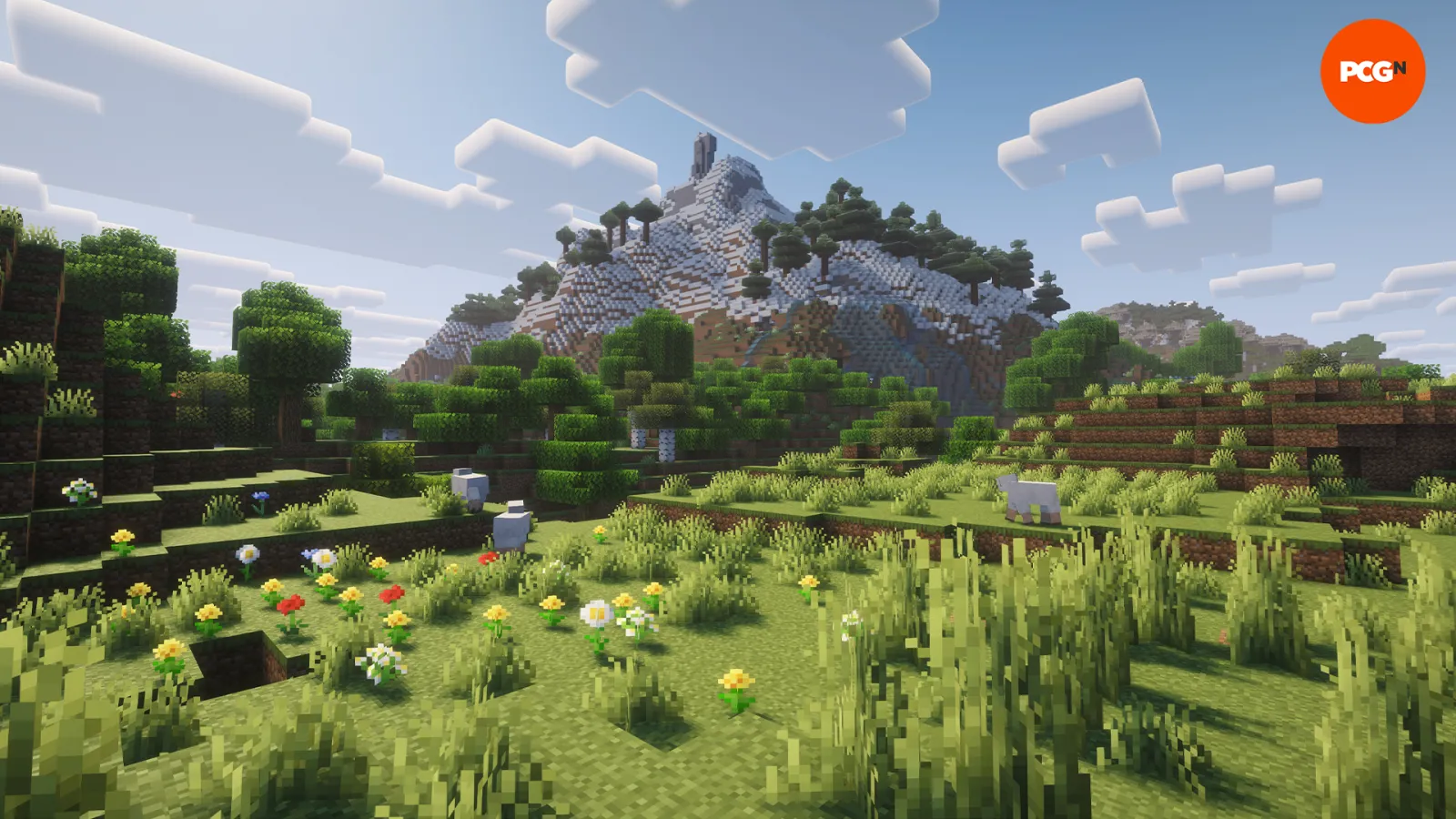 A Minecraft landscape featuring realistic grass and stone textures with sunlight shadows