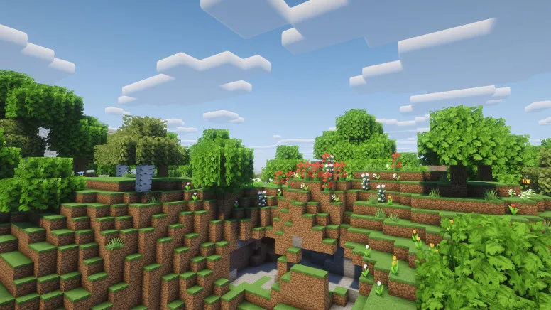 A Minecraft landscape featuring realistic grass and stone textures with sunlight shadows
