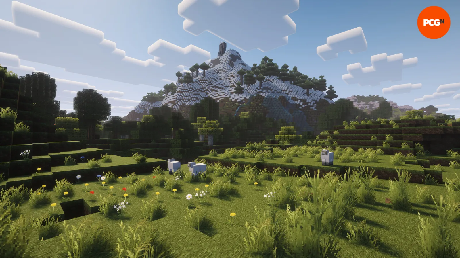 A Minecraft landscape featuring realistic grass and stone textures with sunlight shadows