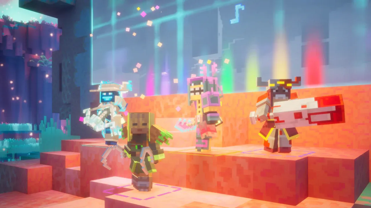 Four players in Minecraft Dungeons II standing together in a dungeon corridor