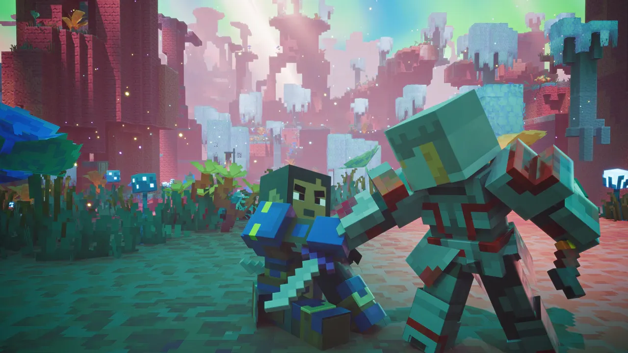 Four players in Minecraft Dungeons II standing together in a dungeon corridor