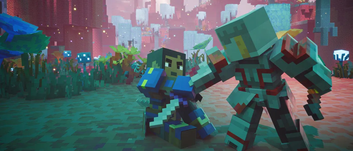 Four players in Minecraft Dungeons II standing together in a dungeon corridor