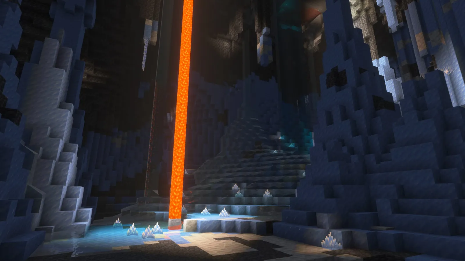Minecraft player exploring a sparkling ice cave with glowing crystals and fragile icicles