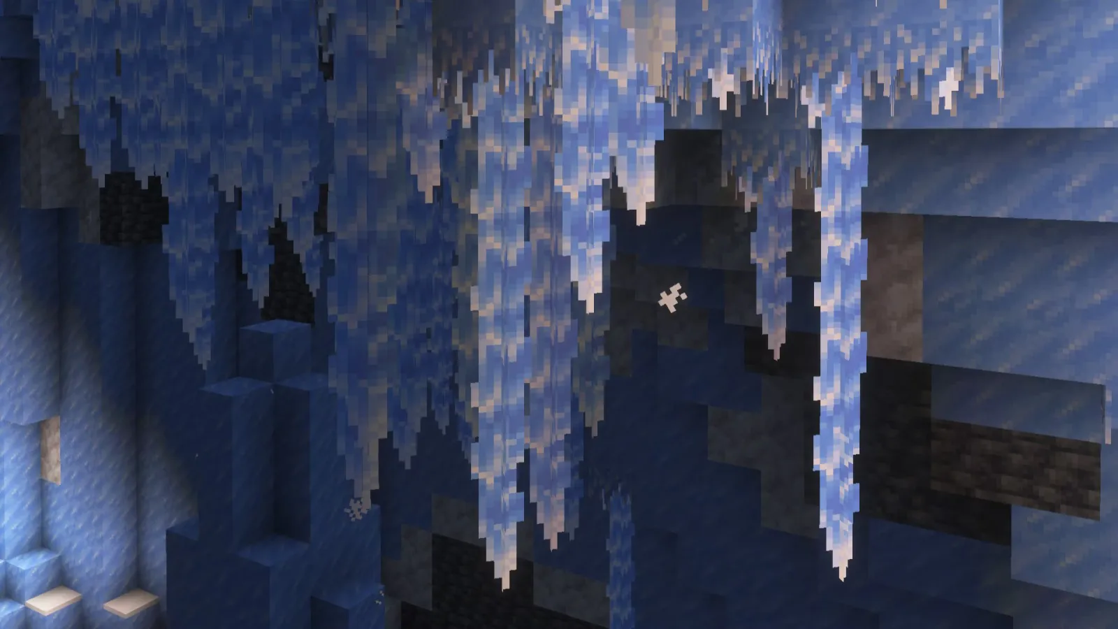 Minecraft player exploring a sparkling ice cave with glowing crystals and fragile icicles