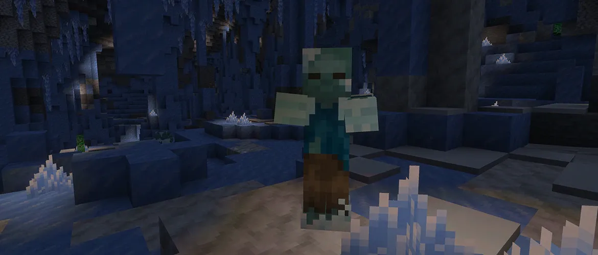 Minecraft player exploring a sparkling ice cave with glowing crystals and fragile icicles