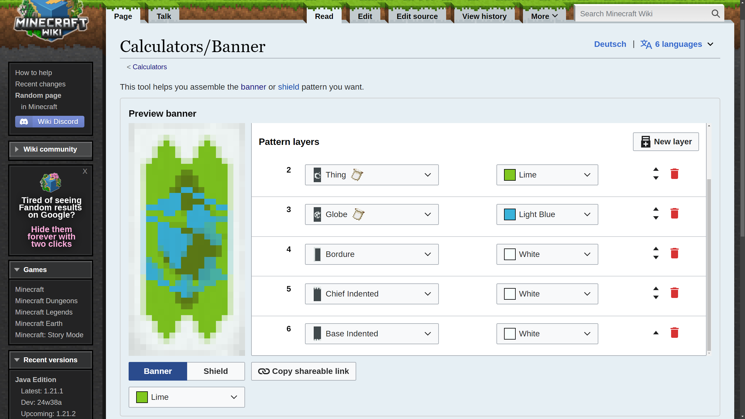 Banner calculator screenshot in Minecraft