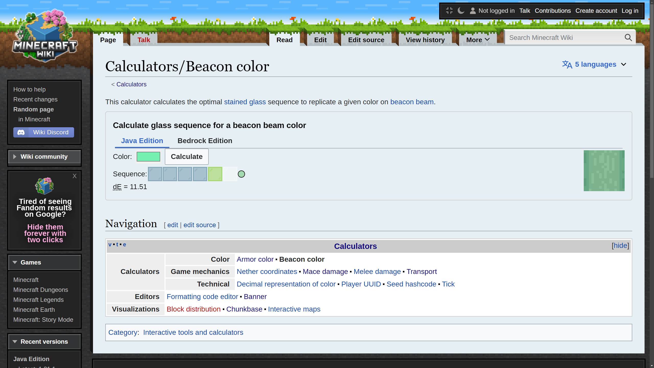 Beacon calculator screenshot in Minecraft