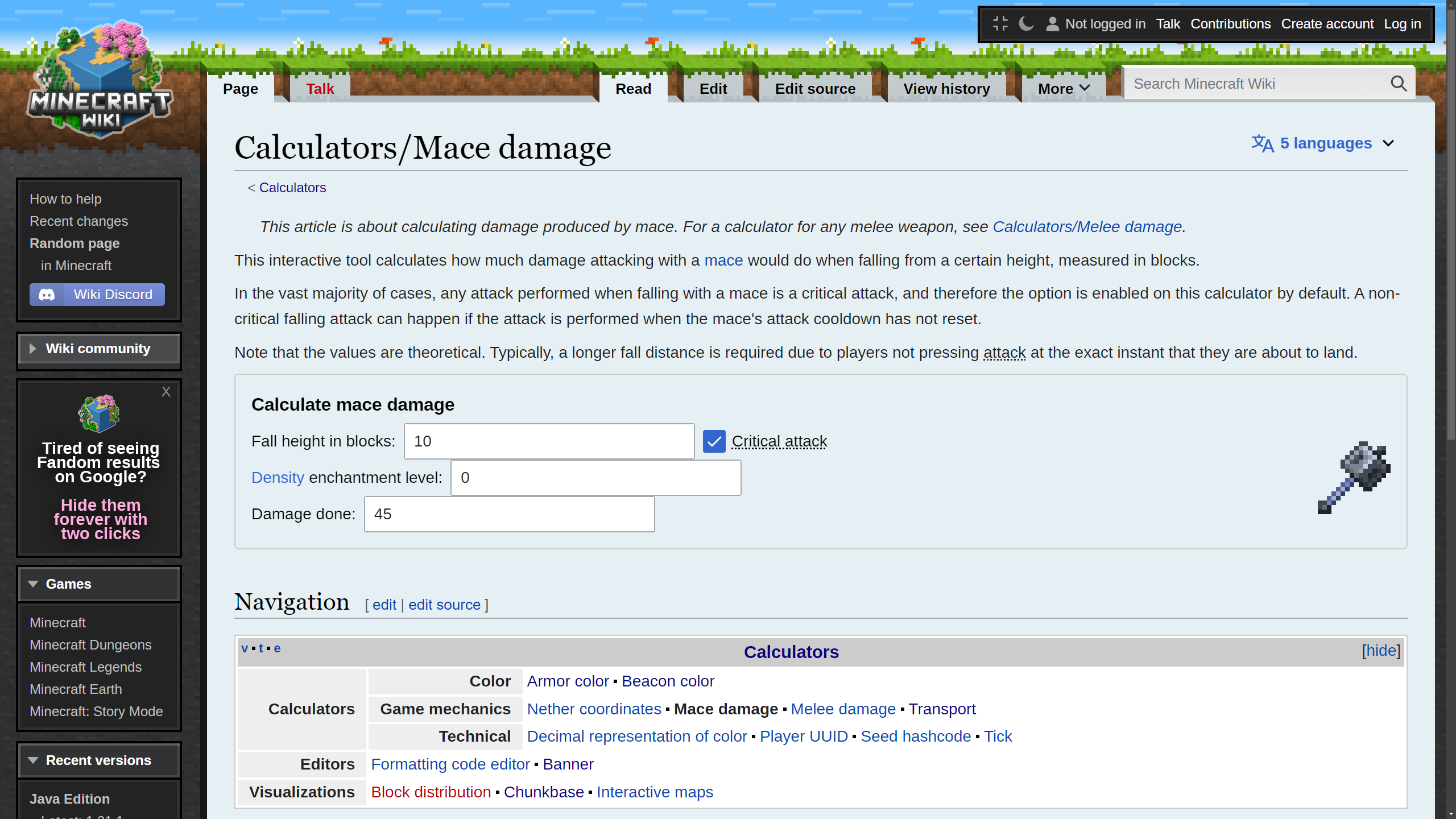 Mace calculator screenshot in Minecraft