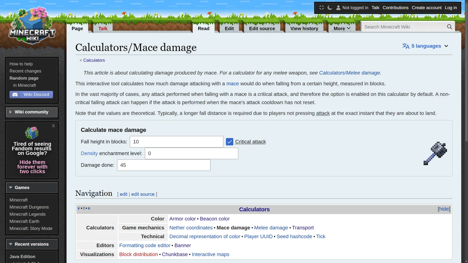 Mace calculator screenshot in Minecraft