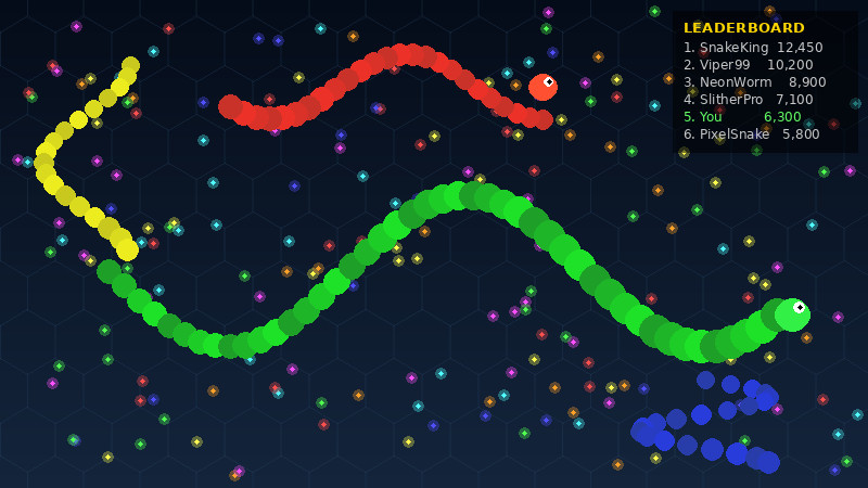 Slither.io multiplayer arena showing colorful snakes competing for pellets