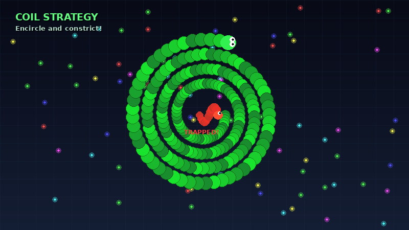 Slither.io coiling strategy where a large snake encircles a smaller opponent